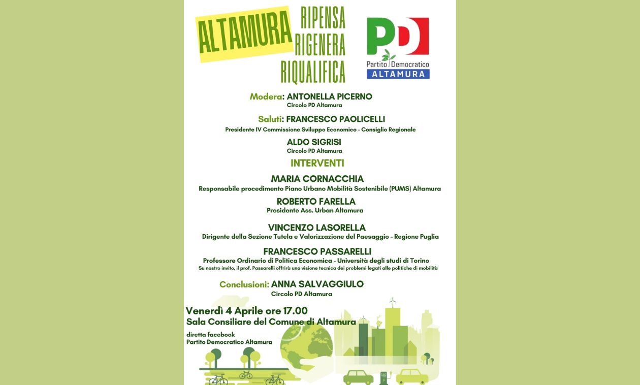 PD Altamura invita la cittadinanza al convegno “Altamura Ripensa, Rigenera, Riqualifica” sul futuro verde della città