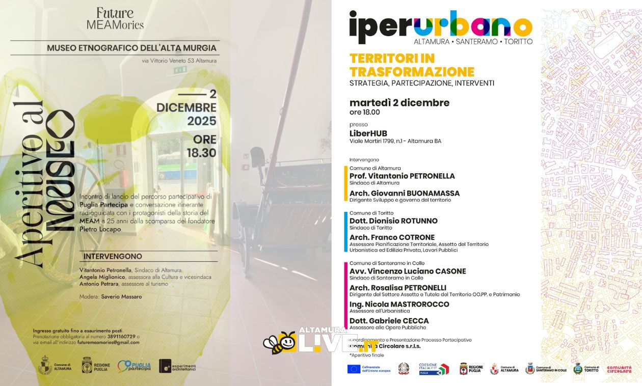 Due incontri aperti alla comunità: il 2 dicembre al Museo Etnografico dell’Alta Murgia e a LiberHub per la Strategia Urbana Territoriale