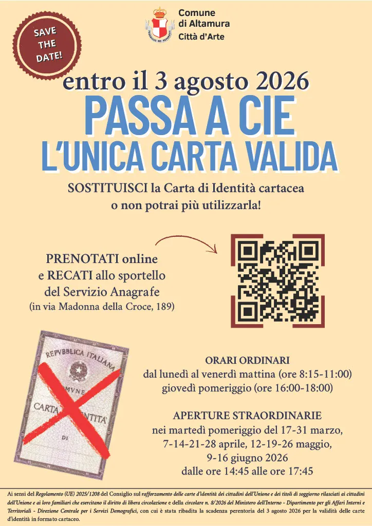 Comune di Altamura: passa a CIE entro il 3 agosto 2026